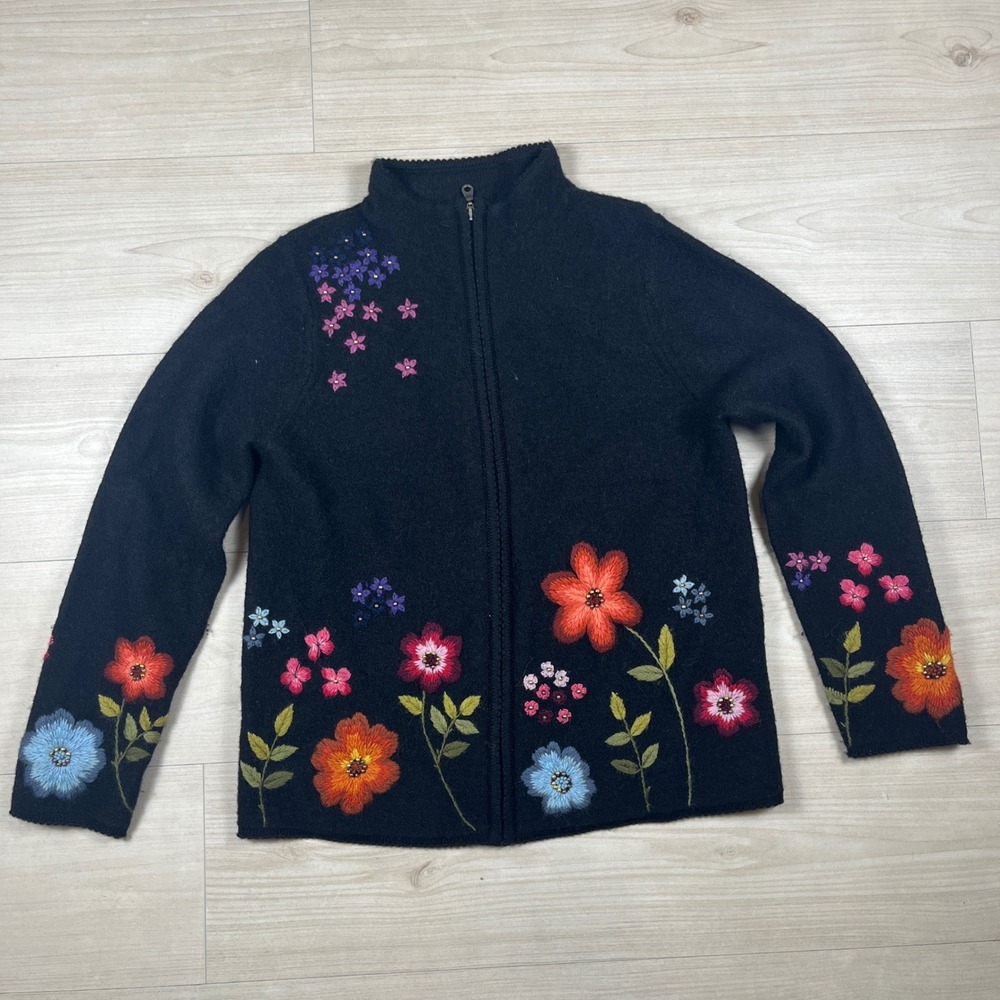 Vintage Jillian Jones Black 100% Wool Embroidered Floral Zip Sweater Petite M